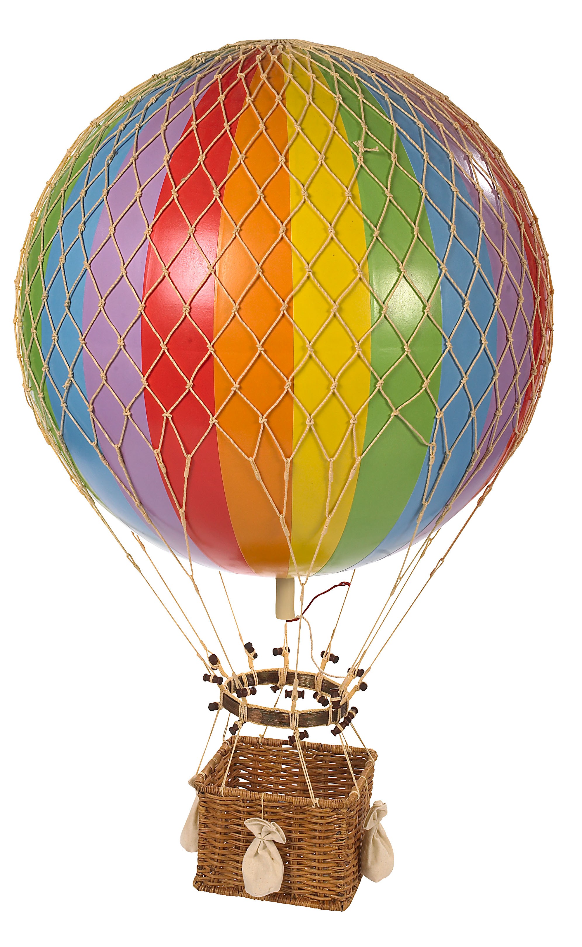 Grand ballon volant multicolore à rayures rondes et lumineuses de couleur  arc-en-ciel avec un panier contre le ciel le soir 14273646 Photo de stock  chez Vecteezy