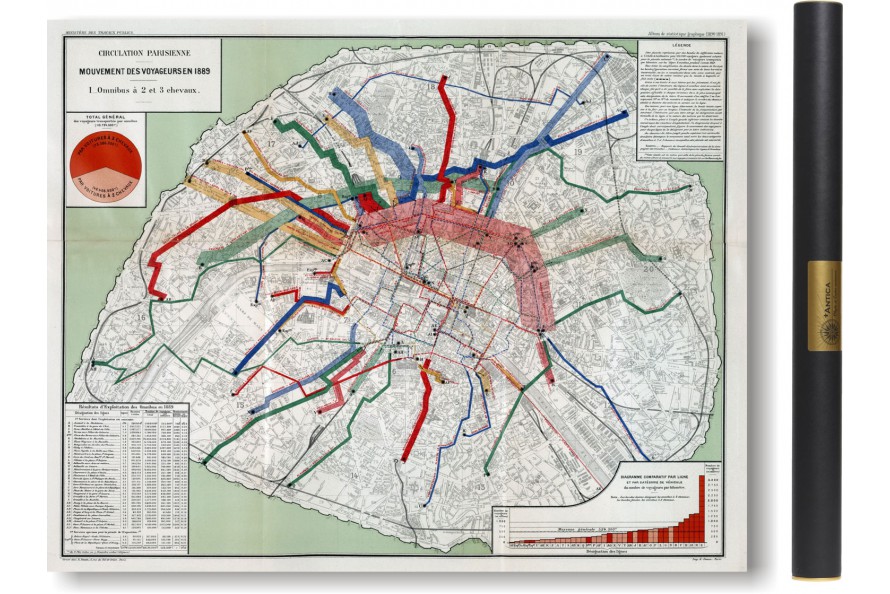 Plan de la circulation des voitures 2 ou 3 chevaux à Paris 1889
